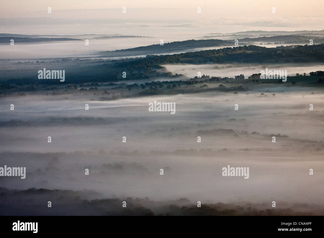 France, Lot, Morning Mists on the Causse de Gramat, Aerial view Stock Photo