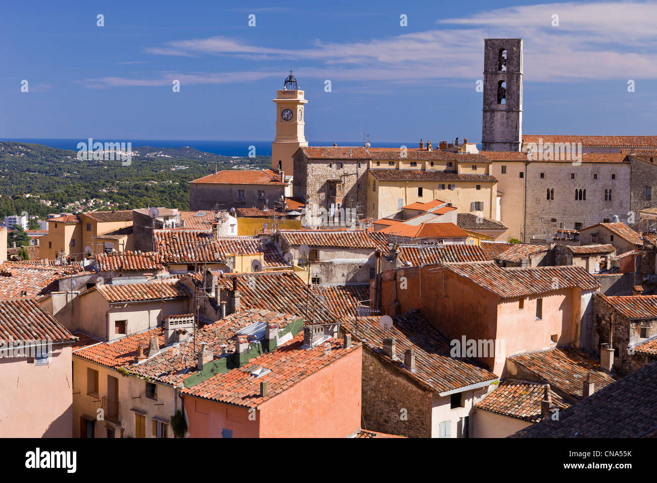 France, Alpes Maritimes, Grasse, tour of clock and cathedral Notre Dame du Puy with a view of the Mediterranee sea Stock Photo
