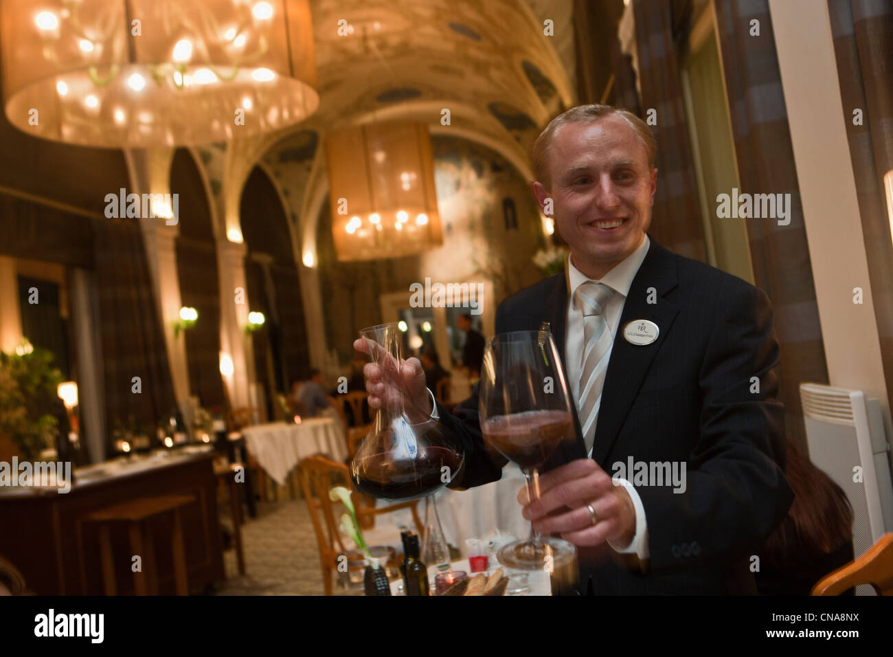 France, Haute Savoie, Evian les Bains, the sommelier at the restaurant at the Hotel Edouard VII, Evian Royal Resort Stock Photo