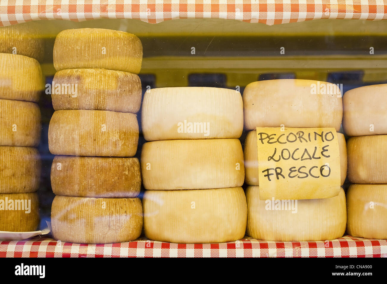 Italy, Puglia, Lecce, front of cheese shop with pecorino goat cheese Stock Photo