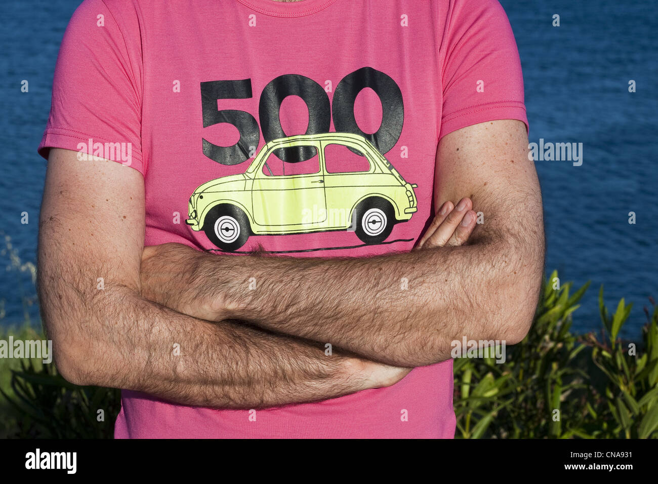 Italy, Puglia, Bari province, Monopoli, tee-shirt with Fiat 500 design, the car was first sold in Italy between 1957 and 1975 Stock Photo
