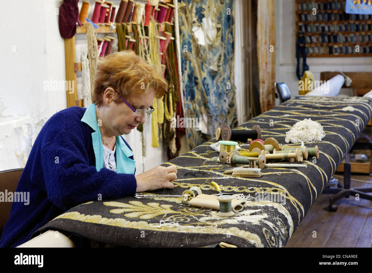 France, Creuse, Aubusson, St Jean Tapestry Factory, Aubusson tapestry work is listed as