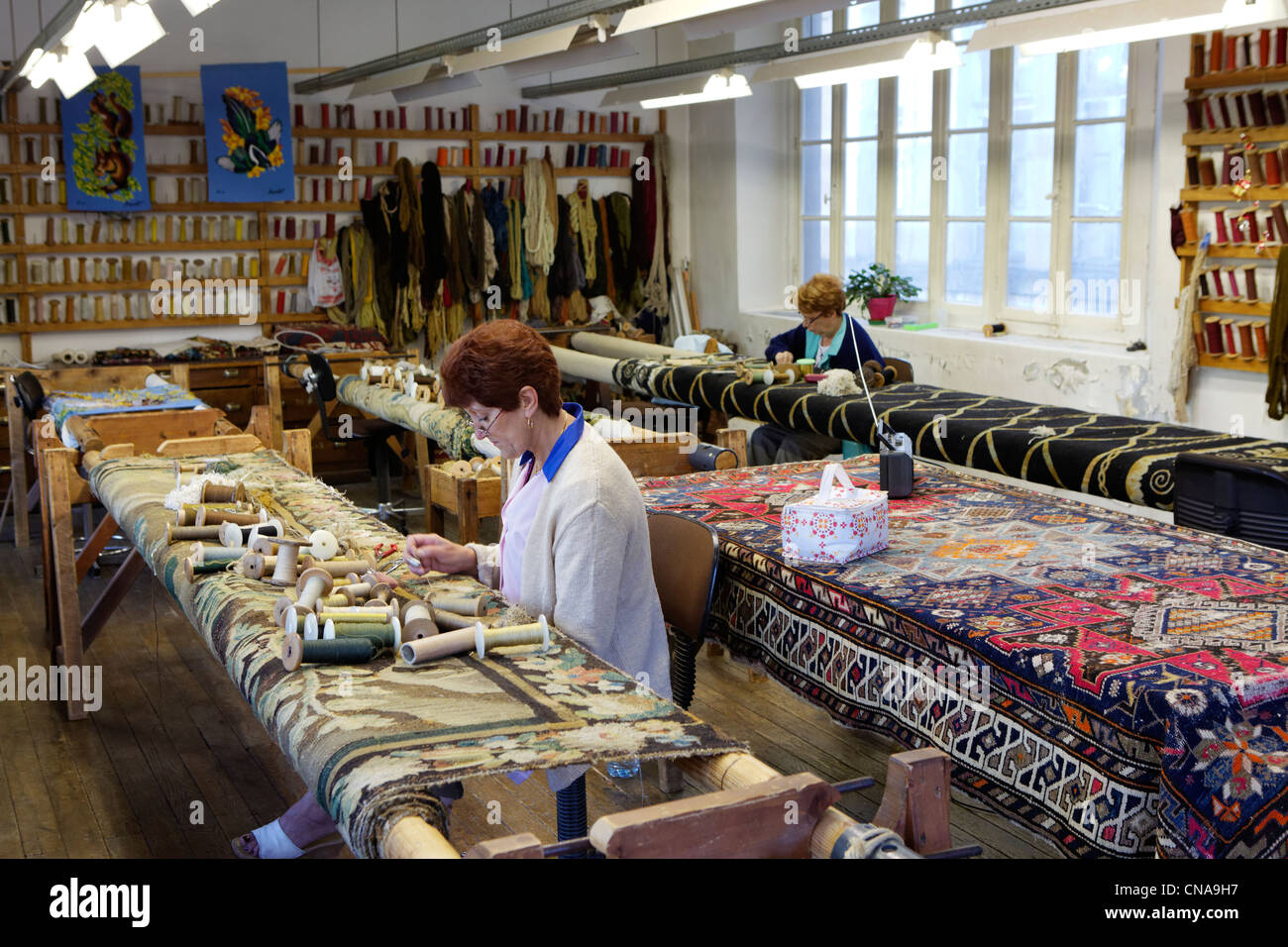 France, Creuse, Aubusson, St Jean Tapestry Factory, Aubusson tapestry work is listed as