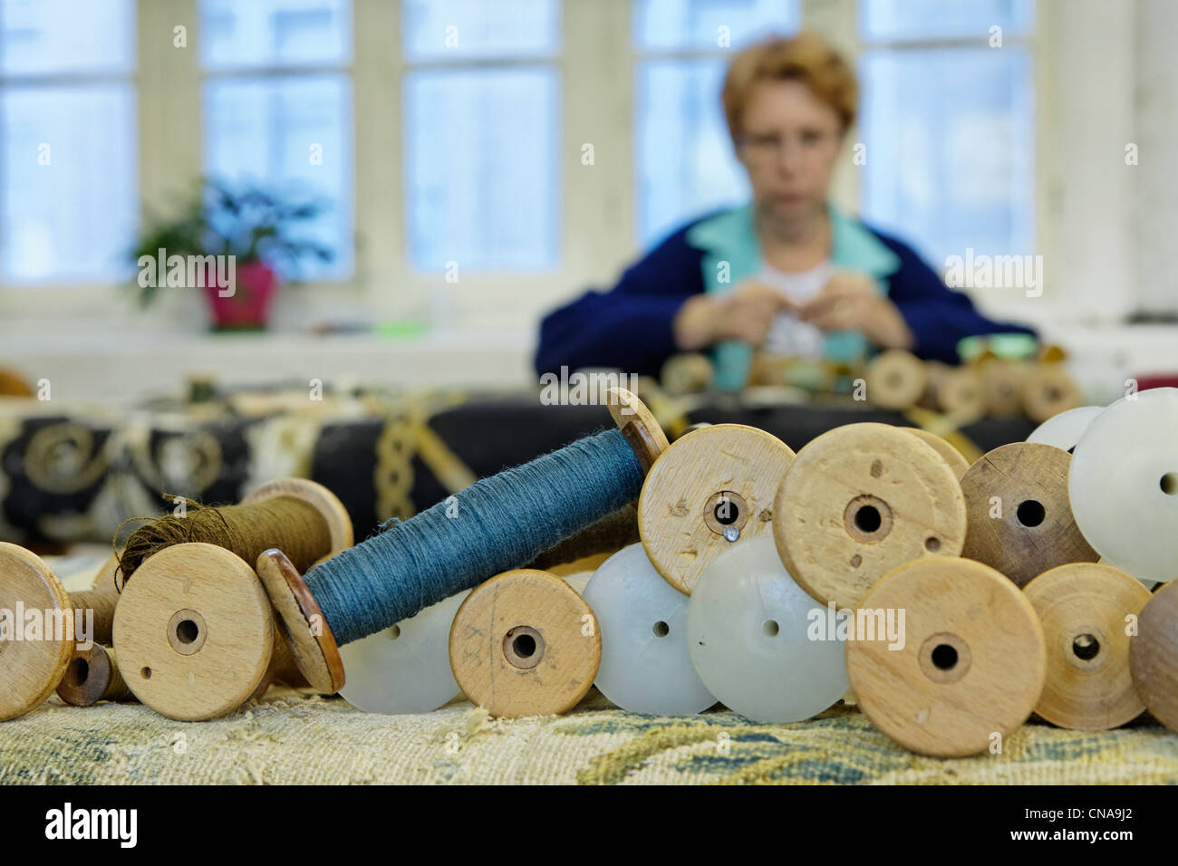 France, Creuse, Aubusson, St Jean Tapestry Factory, Aubusson tapestry work is listed as