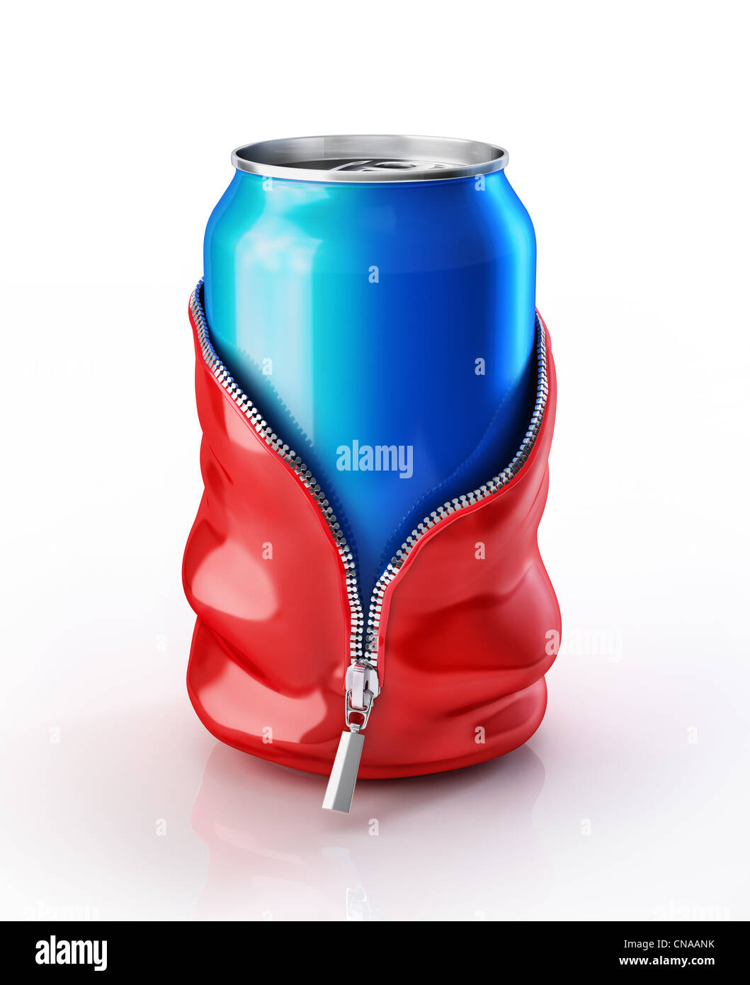 Soda can streaptease. With a external skin with open zipper Stock Photo