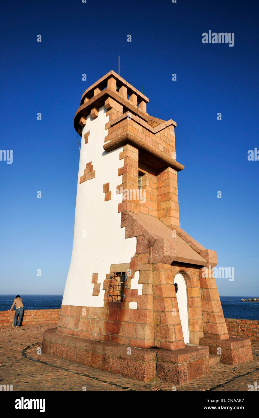 France, Cotes d'Armor, Brehat island, Paon lighthouse at the northern tip of the island, man alone facing the sea Stock Photo