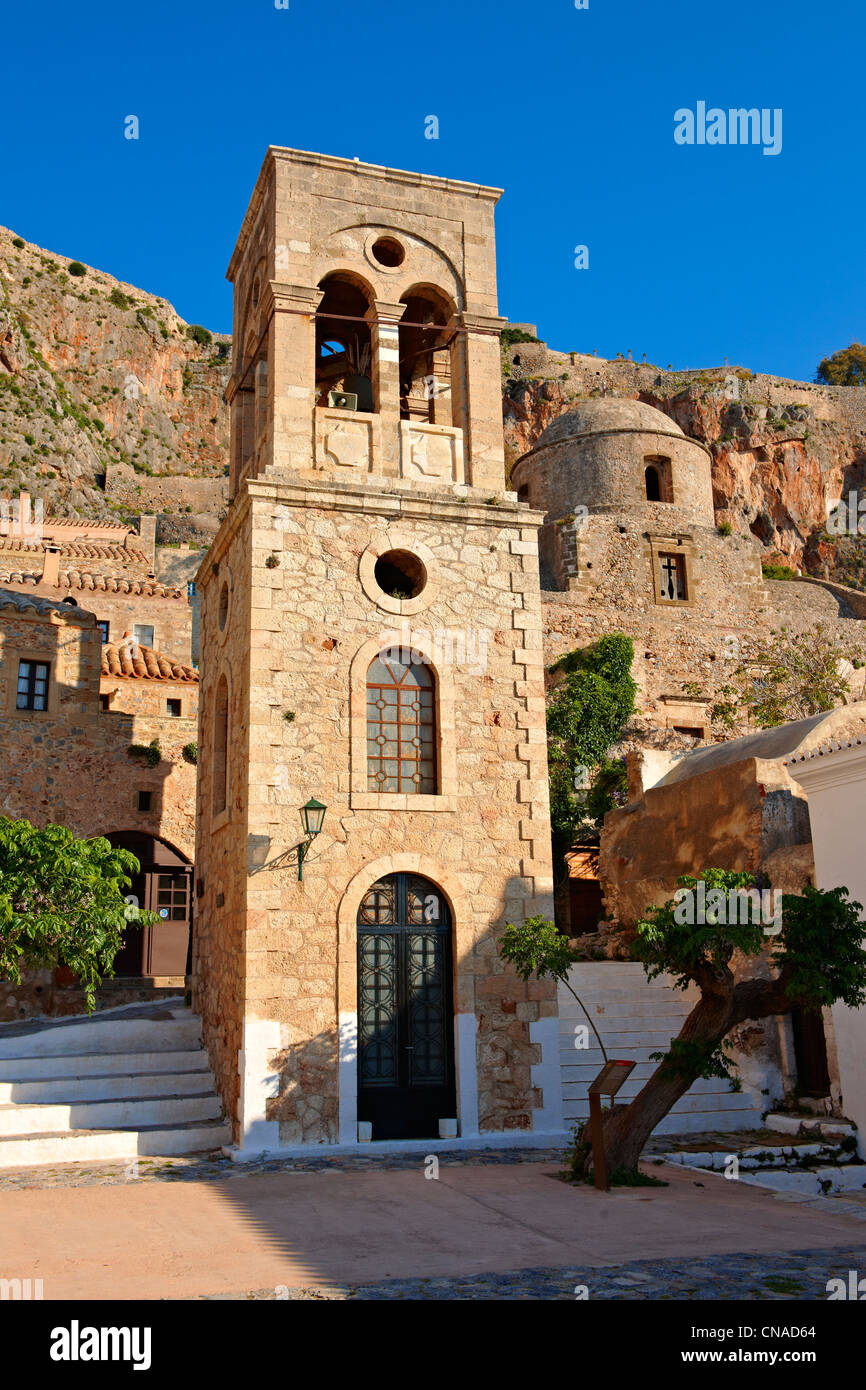 Main square of Monemvasia ( Μονεμβασία ) Byzantine Island castle town with acropolis on the plateau. Peloponnese, Greece Stock Photo