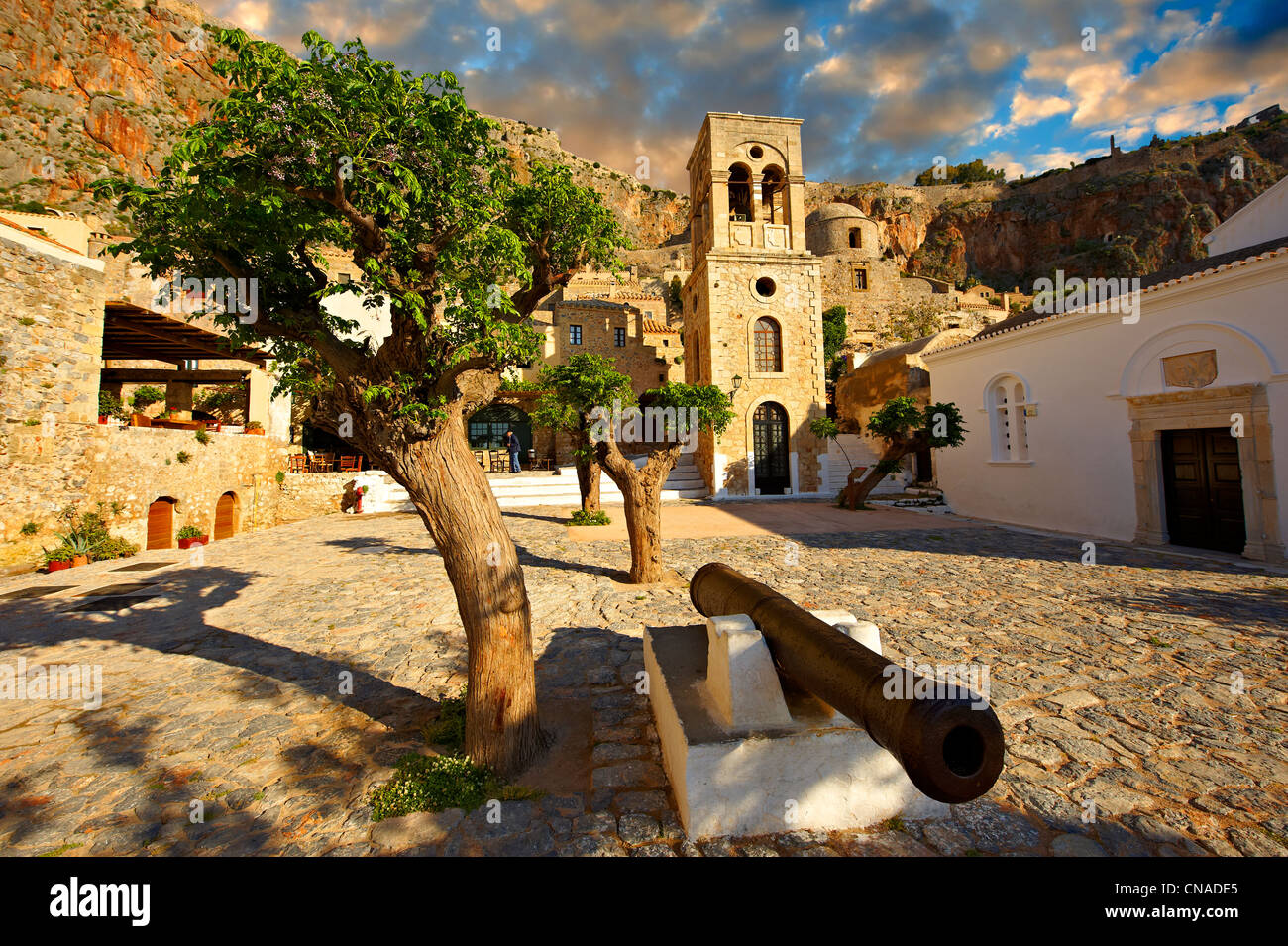 Main square of Monemvasia ( Μονεμβασία ) Byzantine Island castle town with acropolis on the plateau. Peloponnese, Greece Stock Photo