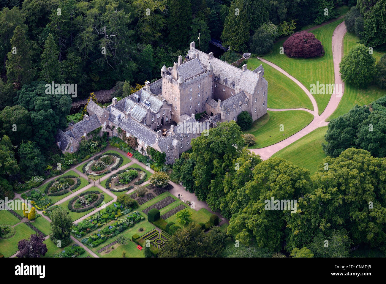 United Kingdom, Scotland, Highland, Cawdor Castle build at the end of the 14th century surrounded by gardens (aerial view) Stock Photo