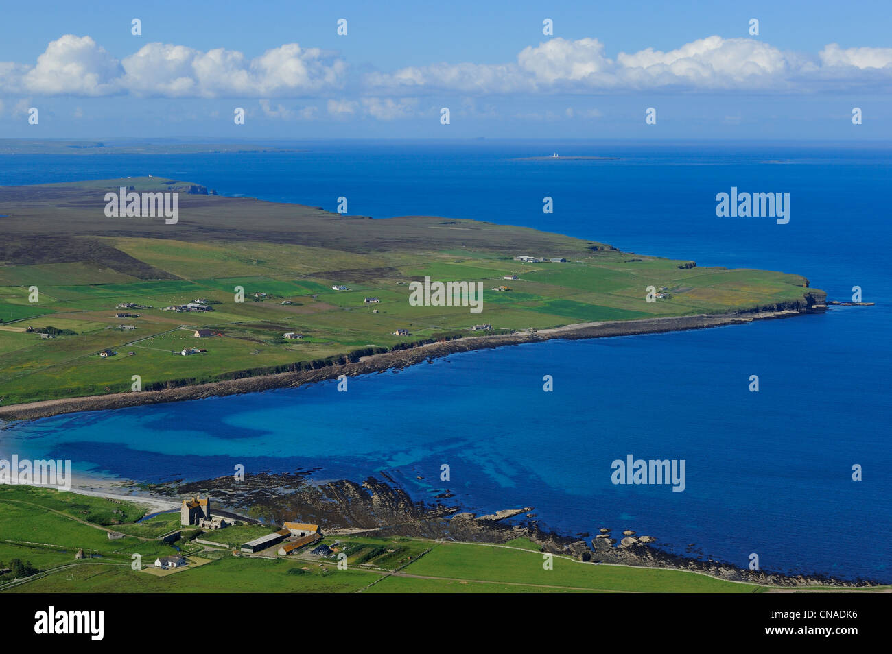 United Kingdom, Scotland, Highland, the east coast of Caithness north of Wick, farms around Freswick Bay (aerial view) Stock Photo