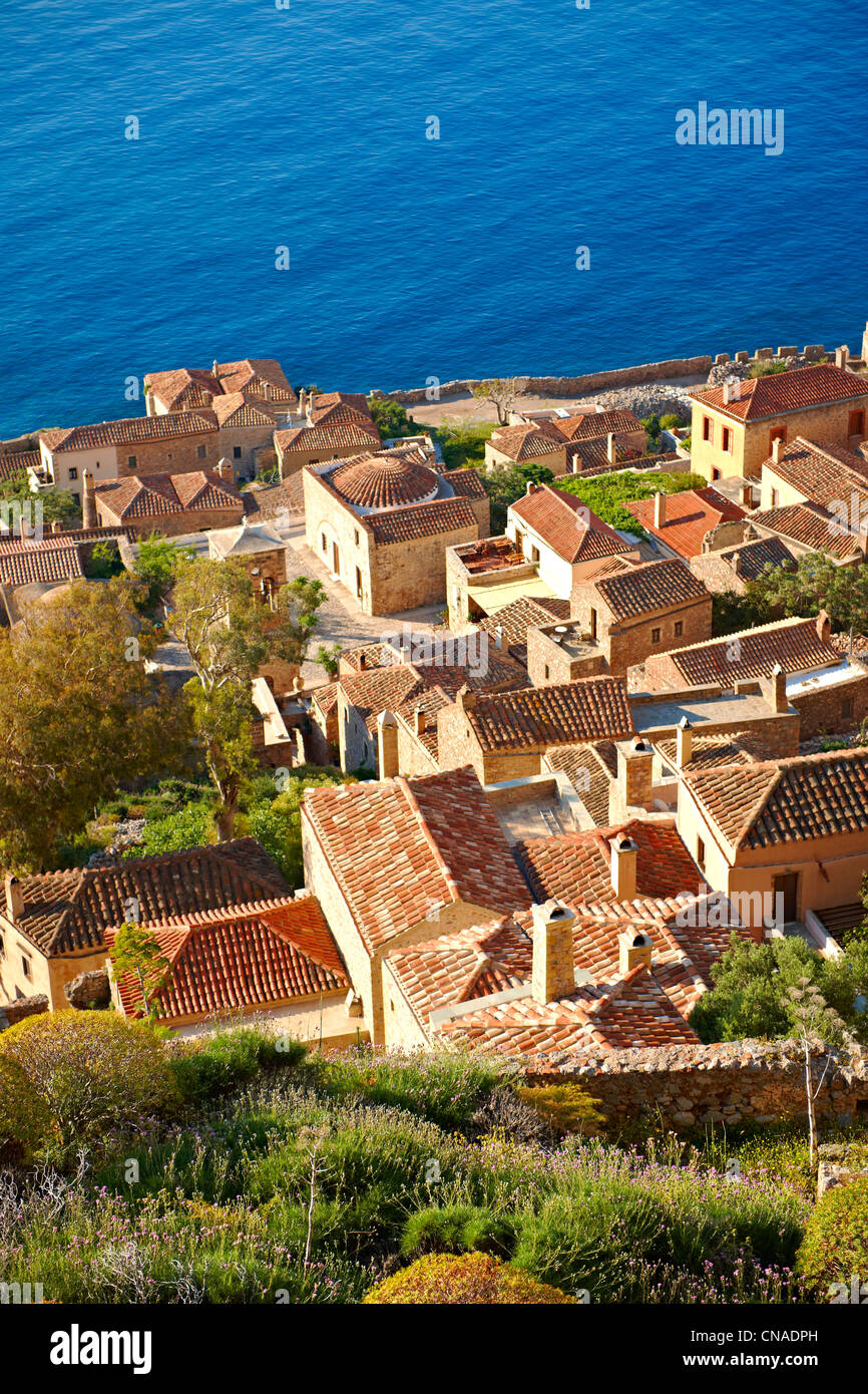 Arial view of Monemvasia ( Μονεμβασία ) Byzantine Island castle town with acropolis on the plateau. Peloponnese, Greece Stock Photo