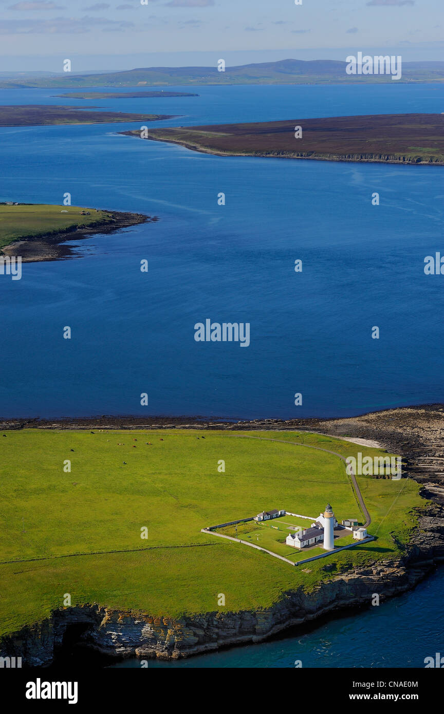 United Kingdom, Scotland, Orkney Islands, lighthouse at South Walls (Hoy) which protects the entrance to Scapa Flow (aerial Stock Photo