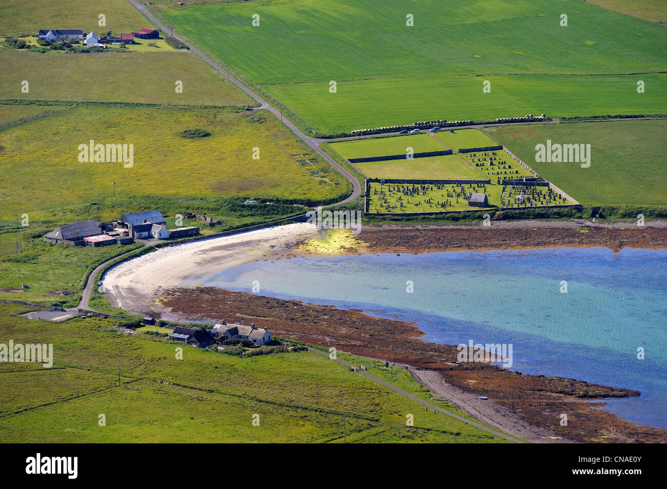 United Kingdom, Scotland, Orkney Islands, Hackness Cemetery in South Walls (Hoy) (aerial view) Stock Photo