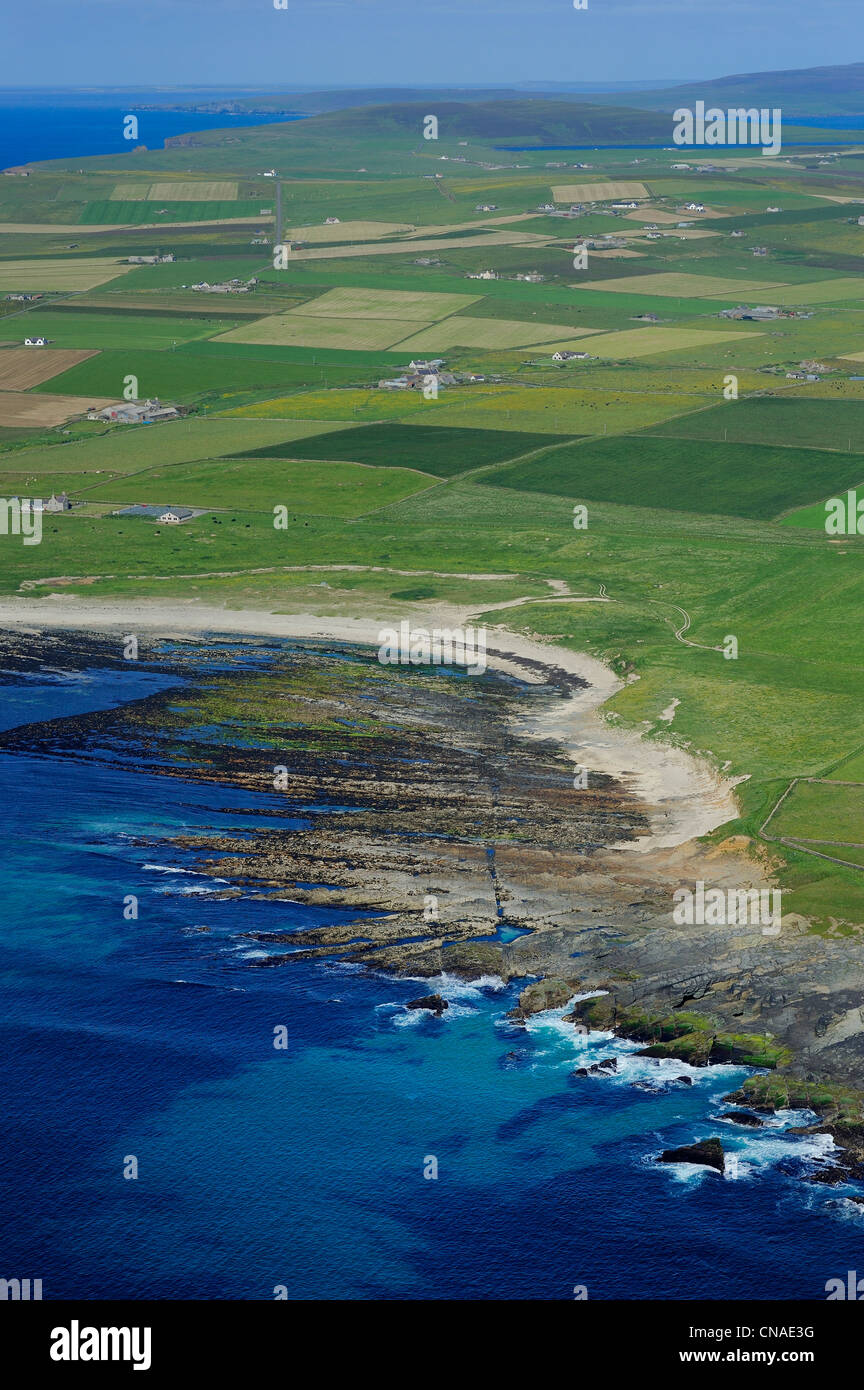 United Kingdom, Scotland, Orkney Islands, Mainland Island, fields and farms scattered by the sea at Birsay (aerial view) Stock Photo