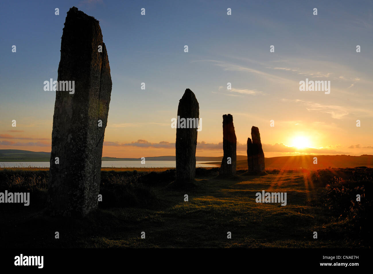 United Kingdom, Scotland, Orkney Islands, Mainland Island, beside the Loch of Stenness, standing stones (stone circle) from the Stock Photo