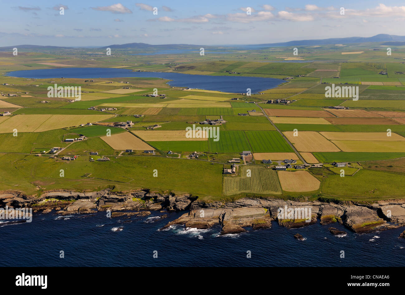 United Kingdom, Scotland, Orkney Islands, Isle of Mainland, fields and scattered farms by the sea at Birsay, the Loch of Stock Photo