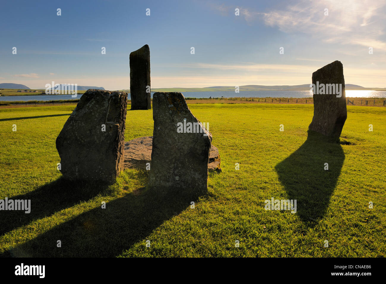 United Kingdom, Scotland, Orkney Islands, Isle of Mainland, Loch of Stenness, Standing Stones of Stenness, listed as World Stock Photo