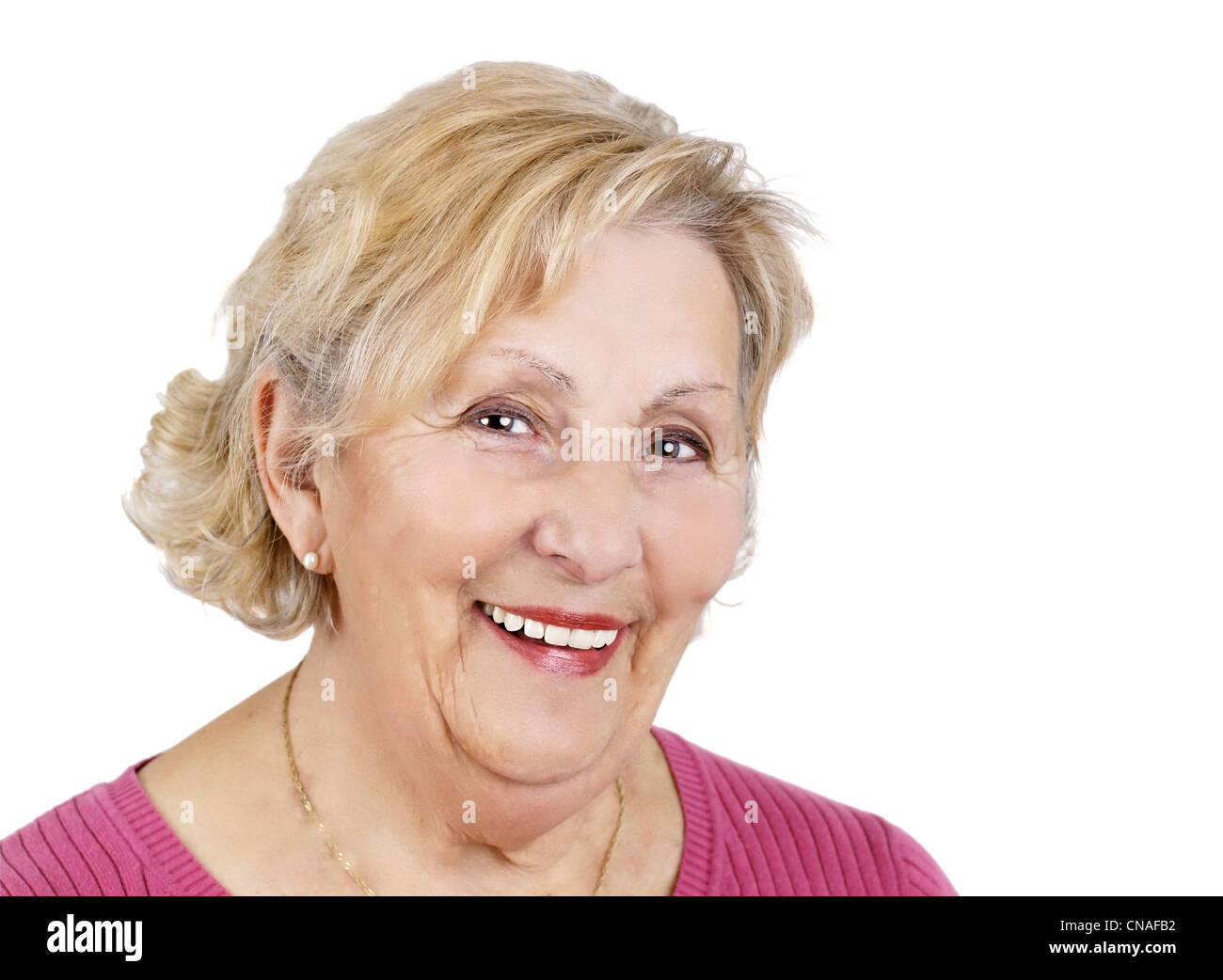 Portrait of a happy senior woman over white background, great details. Stock Photo