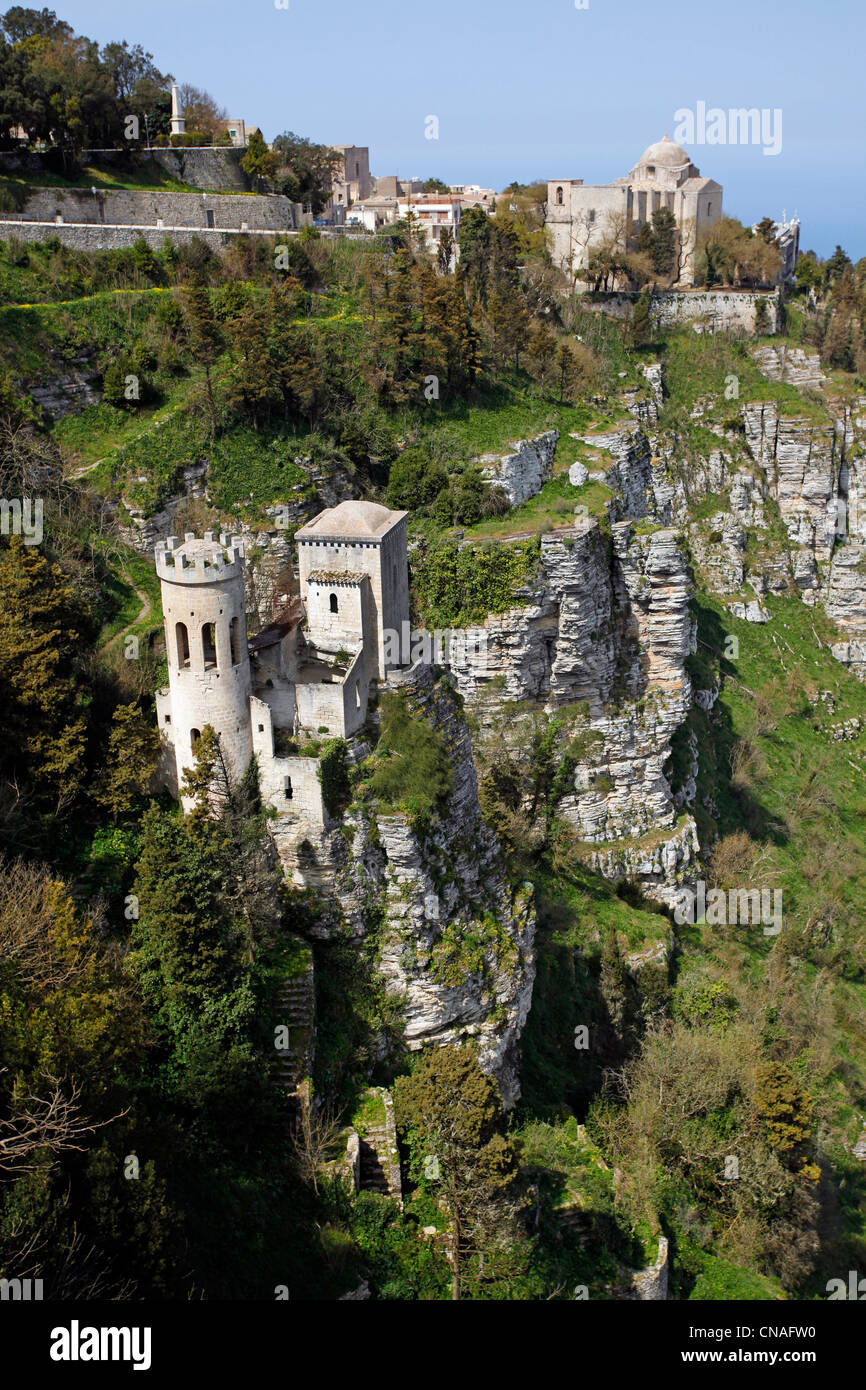 San Giovanni church and the Toretta di Pepoli, the Pepoli Tower castle in Erice, Sicily, Italy Stock Photo