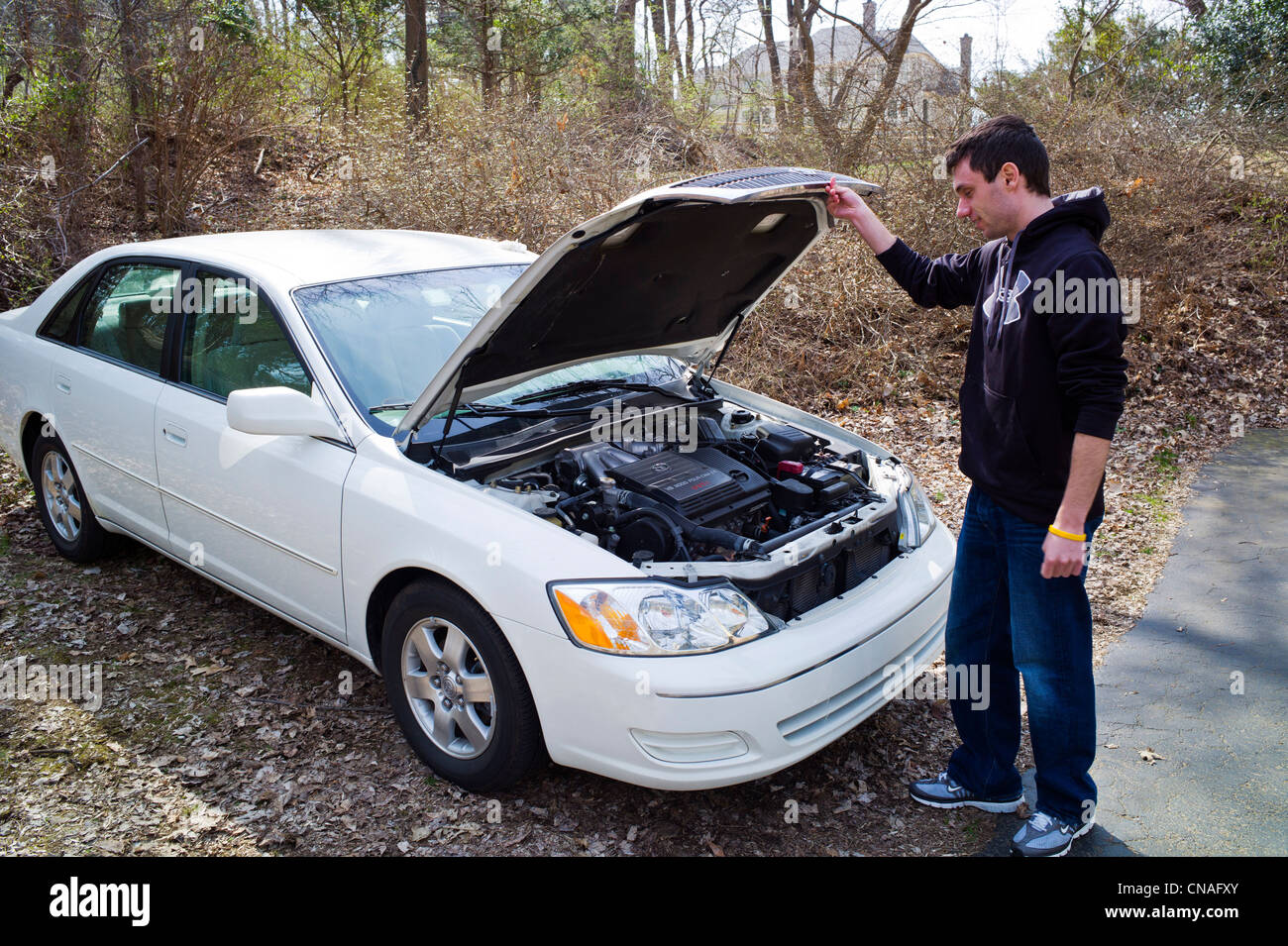 Young man checking the engine compartment under the hood of his Toyota sedan. Stock Photo