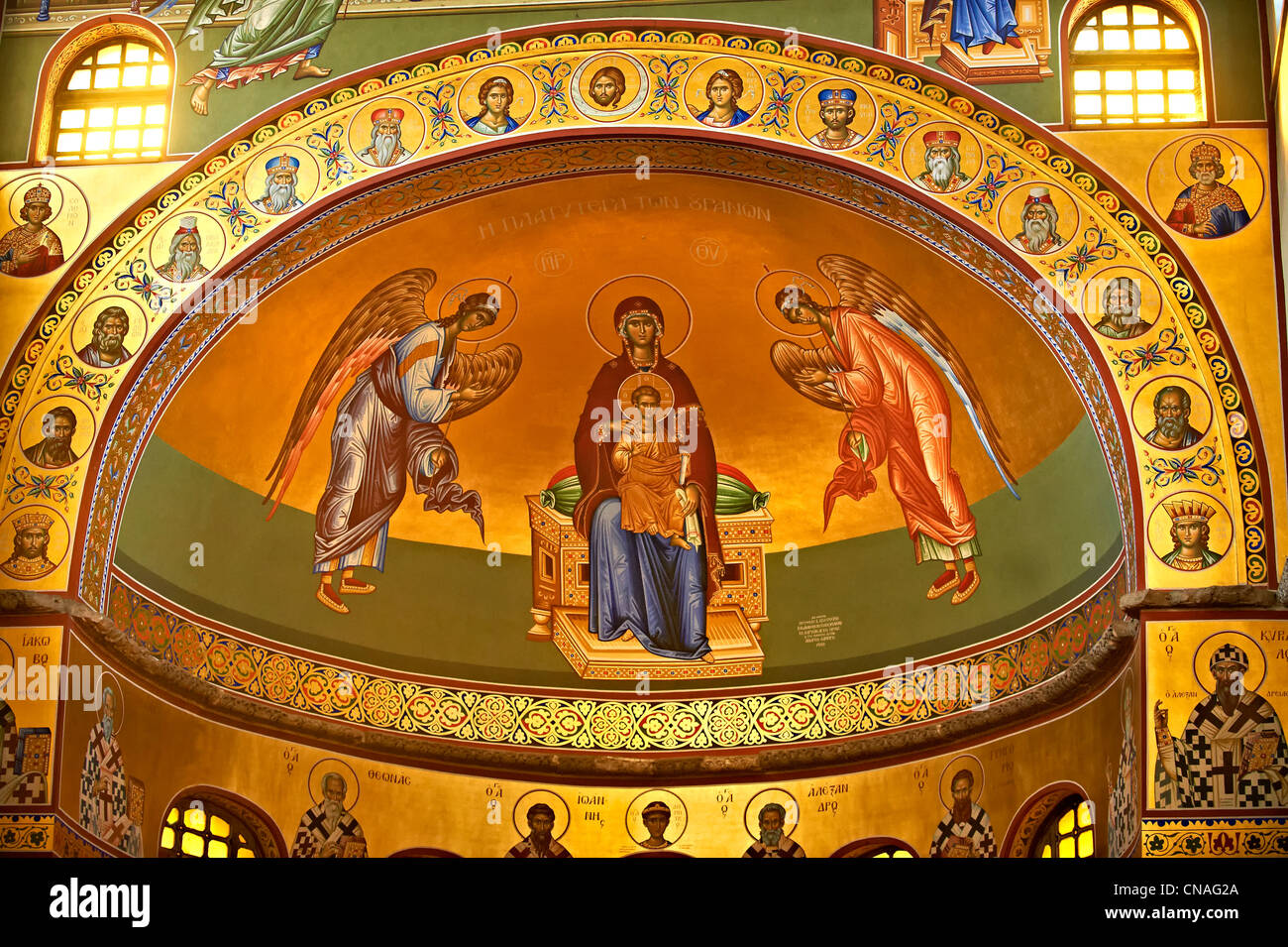 Reconstucted Byzantine style frescos of the 4th century AD 3 aisled Roamnesque basilica of Saint Demetrius, Thessaloniki Greece Stock Photo