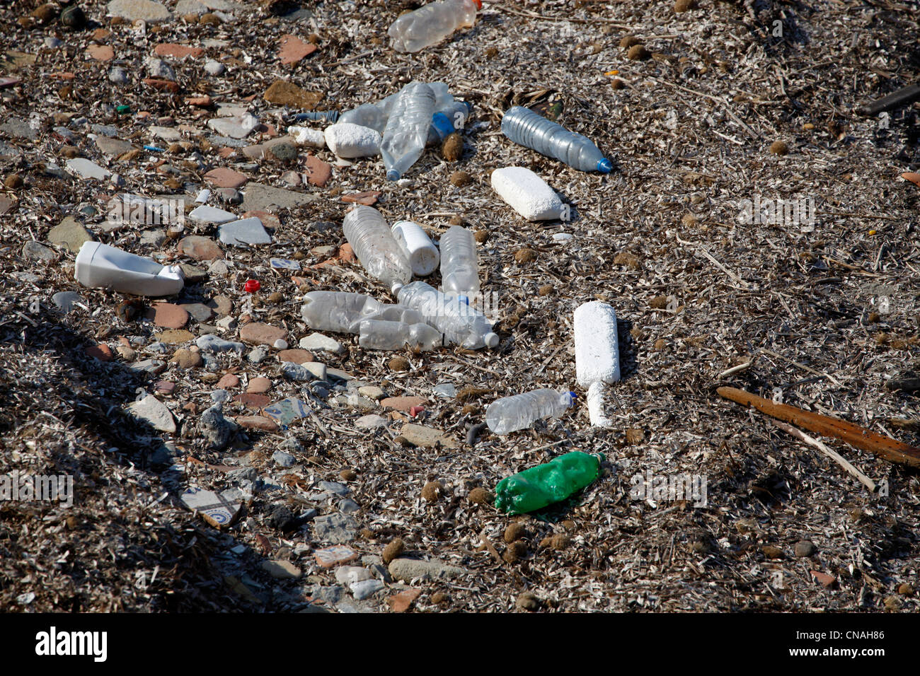 Flotsam and litter on the beach in Trapani, Sicily, Italy Stock Photo