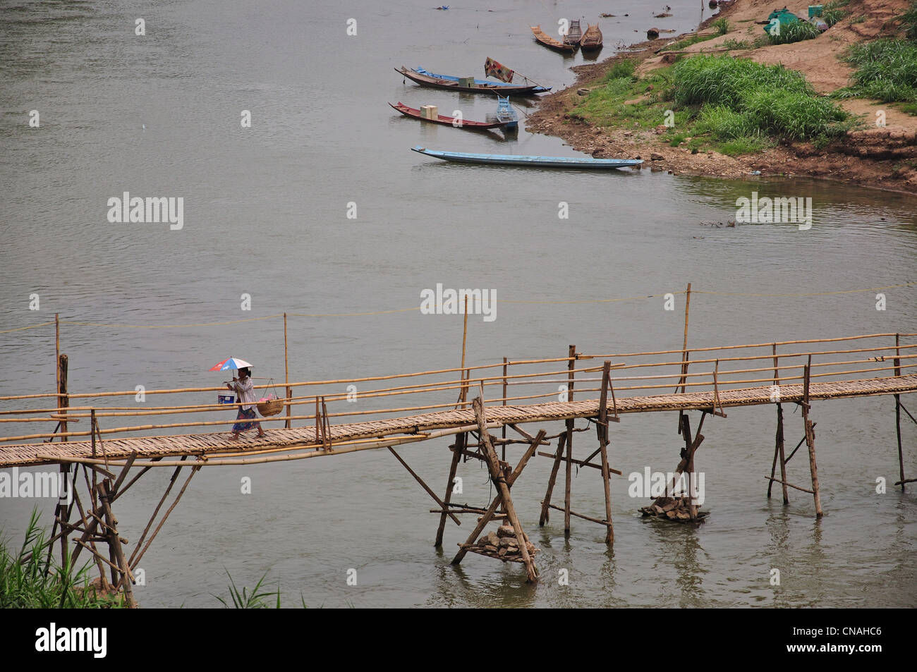 Bamboo bridge across Nam Khan River, Luang Prabang, Luang Prabang Province, Laos Stock Photo