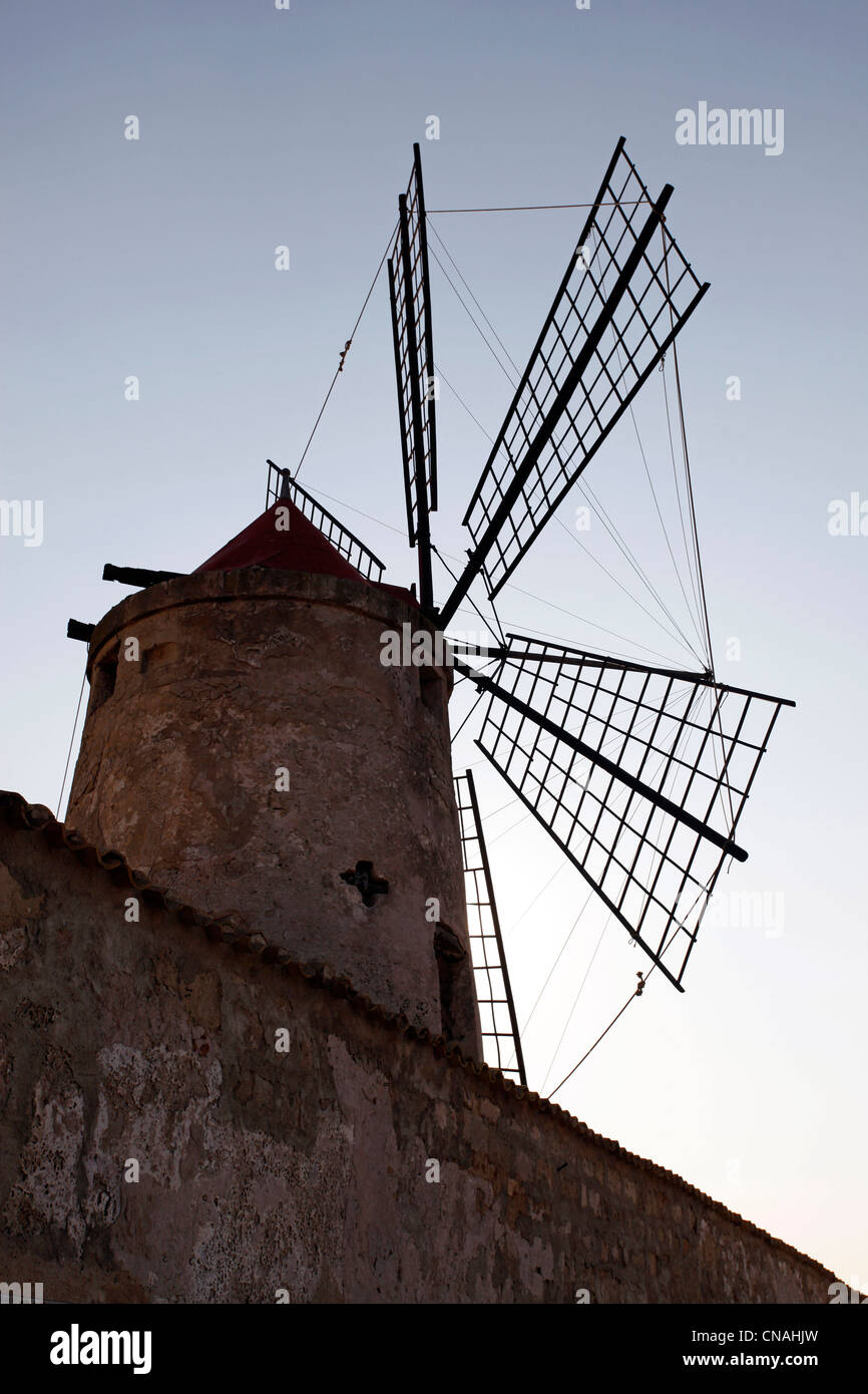 Windmill in the Salt Pans in Trapani, Sicily, Italy Stock Photo
