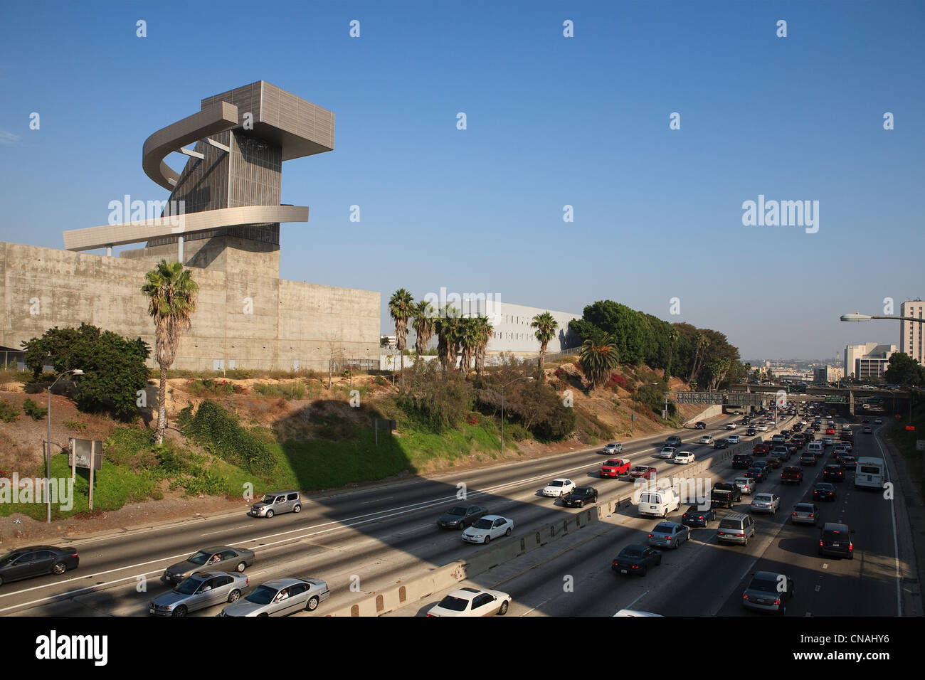 United States, California, Los Angeles, Ramon C. Cortines School of Visual and Performing Arts and Hollywood Freeway Stock Photo