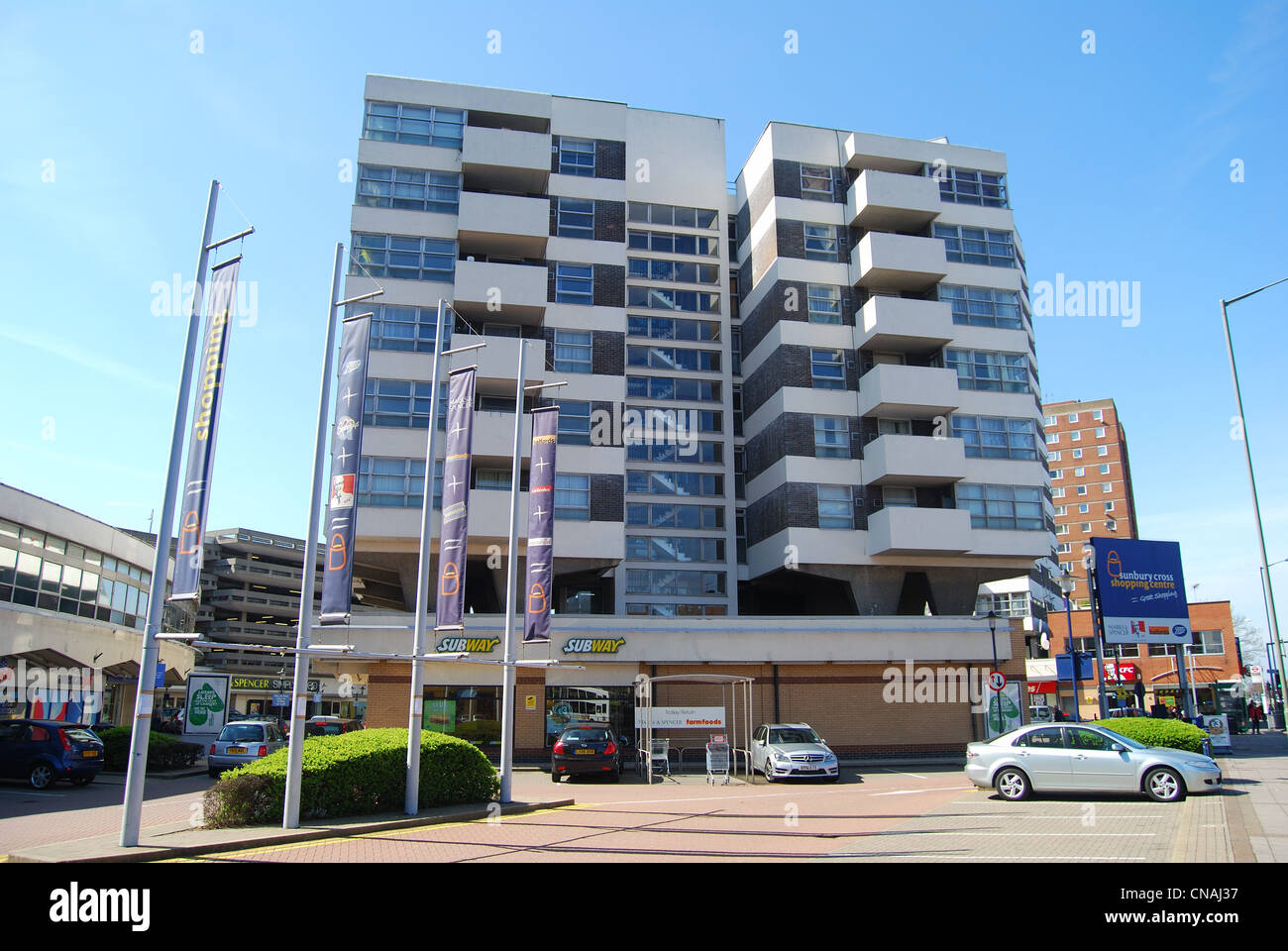 Highrise apartment buildings, Sunbury Cross Centre, SunburyonThames, Surrey, England, United