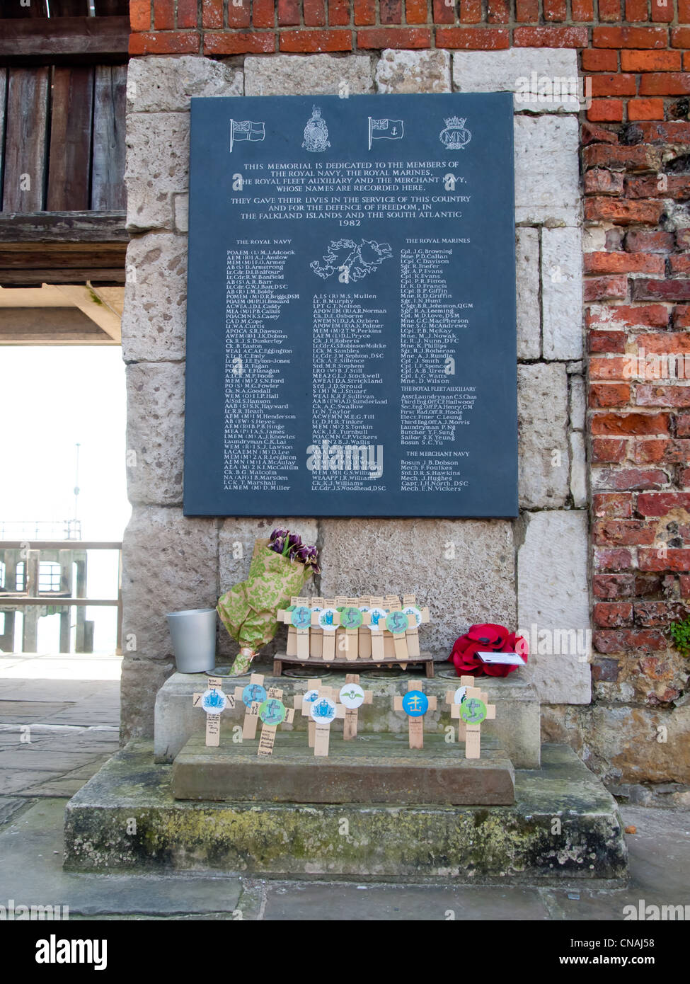 the Falklands War Memorial at the base of the square tower, old Portsmouth, England Stock Photo