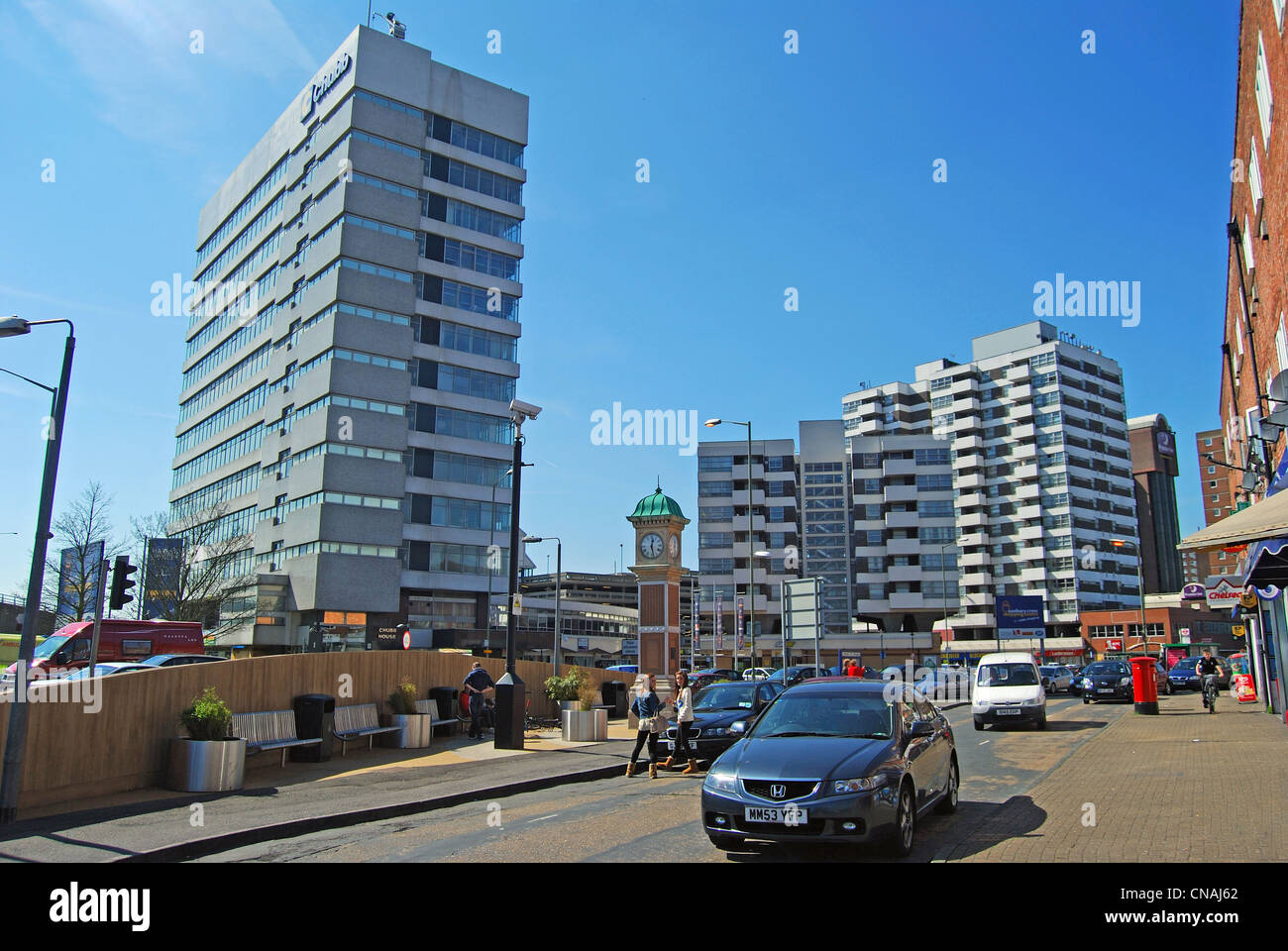 High-rise apartment buildings, Staines Road West, Sunbury Cross Centre, Sunbury-on-Thames, Surrey, England, United Kingdom Stock Photo