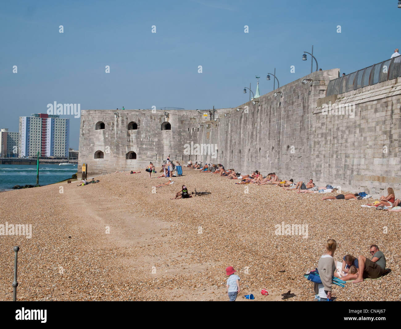 Portsmouth, the hot walls and beach at the entrance to Portsmouth Harbour Stock Photo