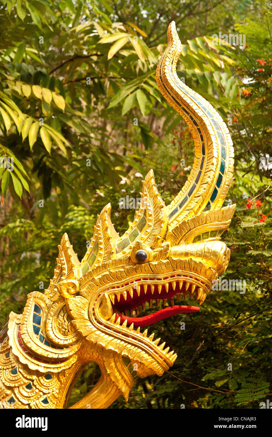 Thailand, Chiang Rai province, Mae Sai, head of a dragon guarding the entrance of a temple Stock Photo