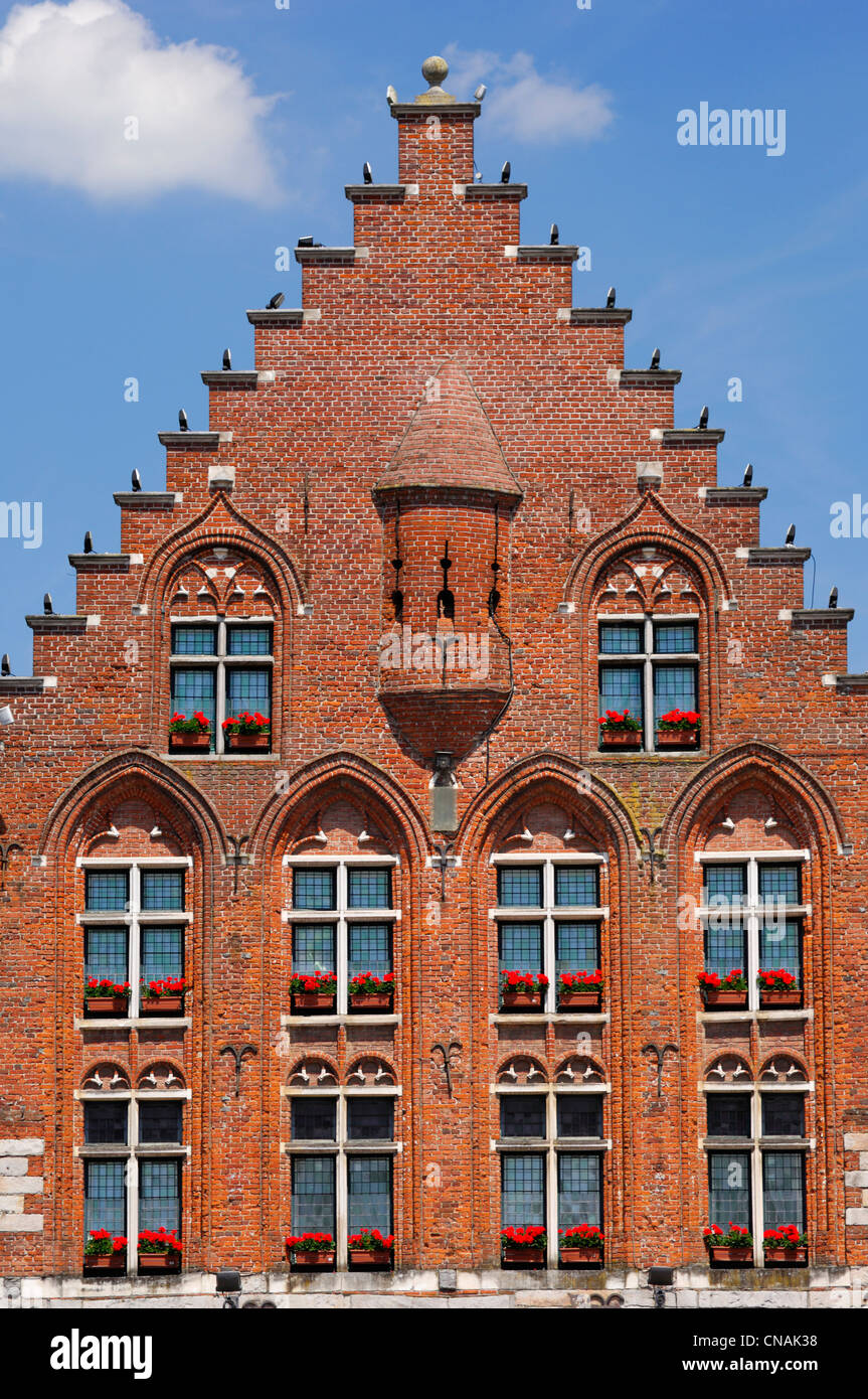 France, Pas de Calais, Arras, Grand Place, red brick facade of the Hotel Les Trois Luppars the oldest house in Arras built in Stock Photo