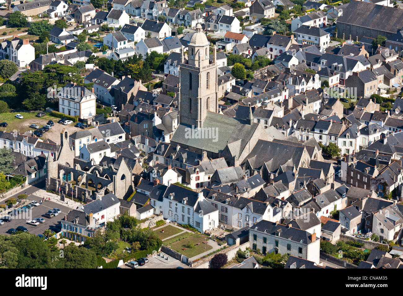 France, Loire-Atlantique, Batz sur mer, Saint-Guénolé church and the village (aerial photography) Stock Photo