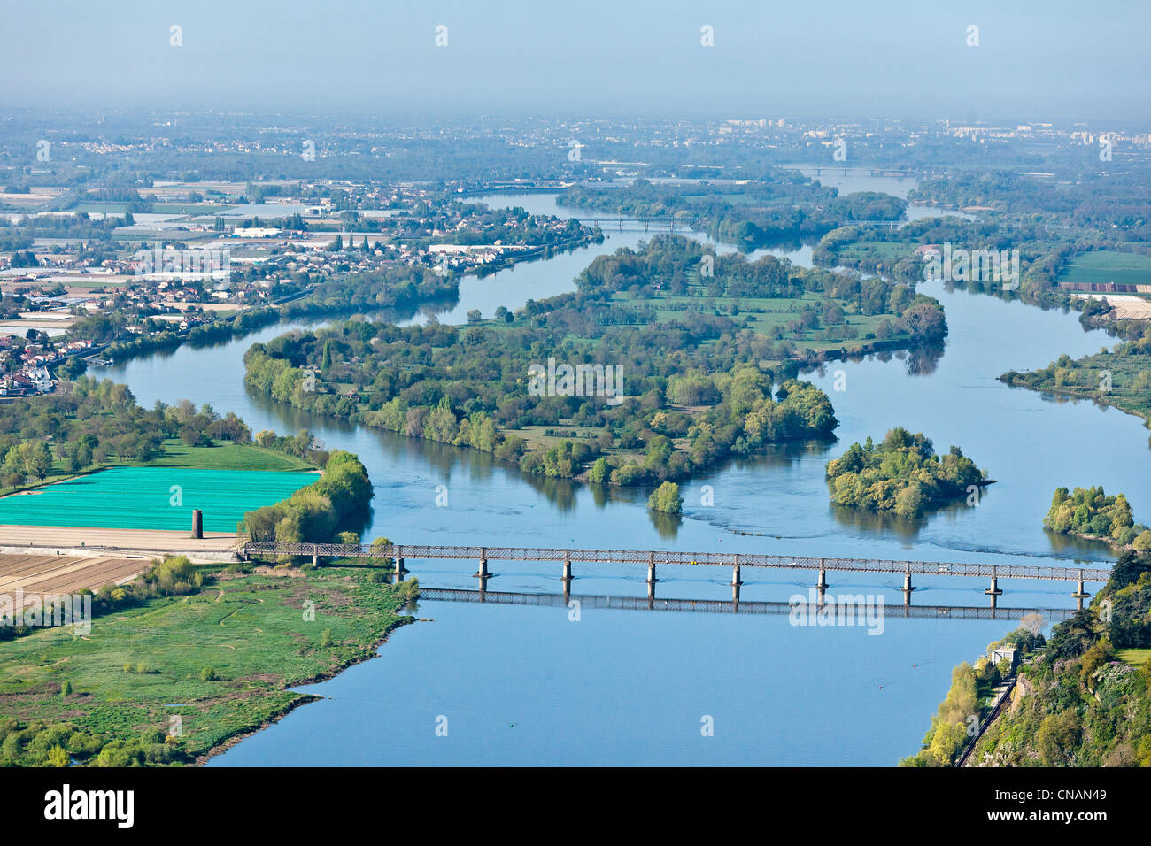 France, Loire-Atlantique, La Chapelle Basse Mer, Mauves bridge and Buzay island on the Loire river (aerial photography) Stock Photo