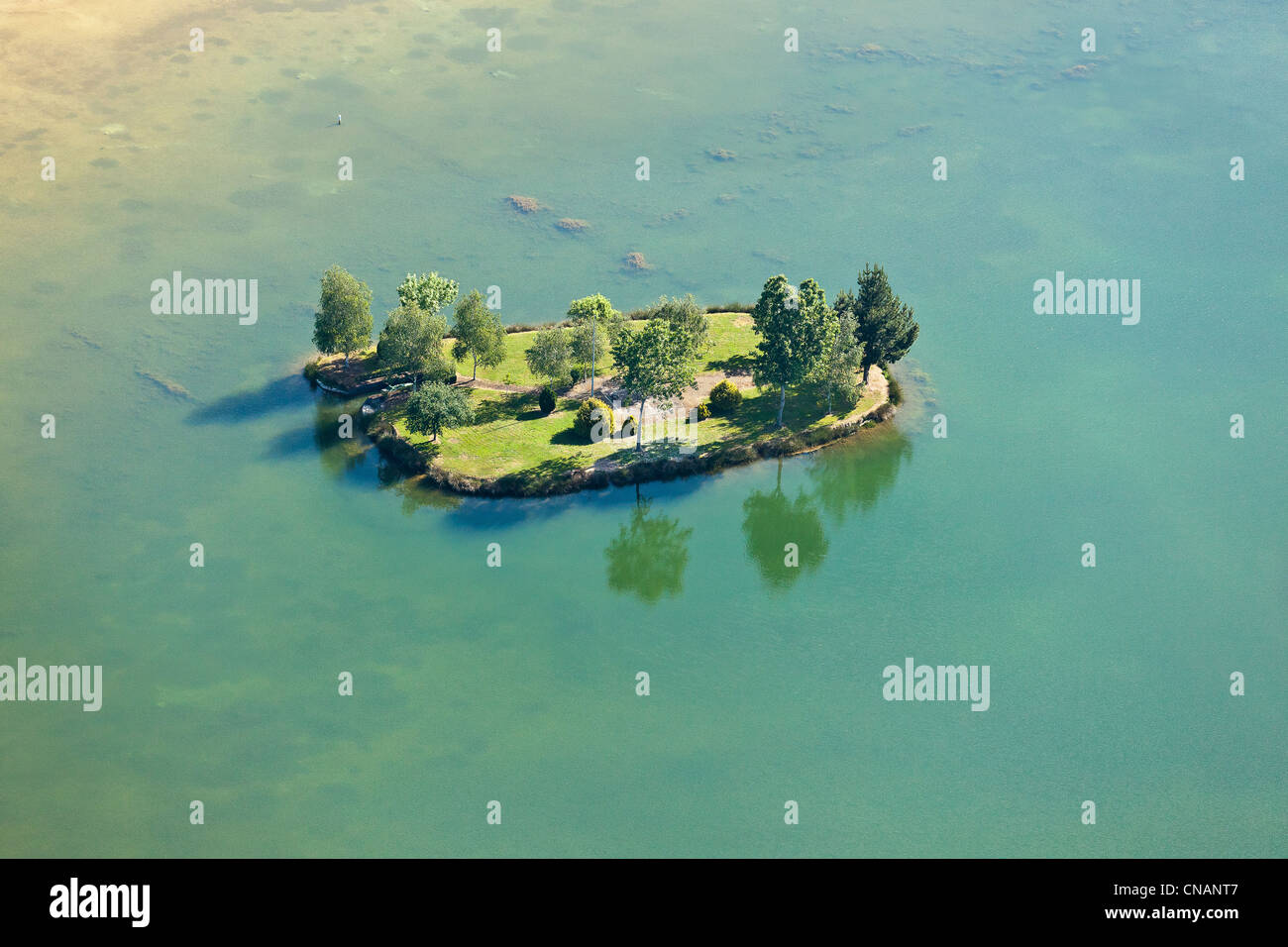 France, Loire-Atlantique, Saint-Aubin-des-Châteaux, small island on a pond (aerial photography) Stock Photo