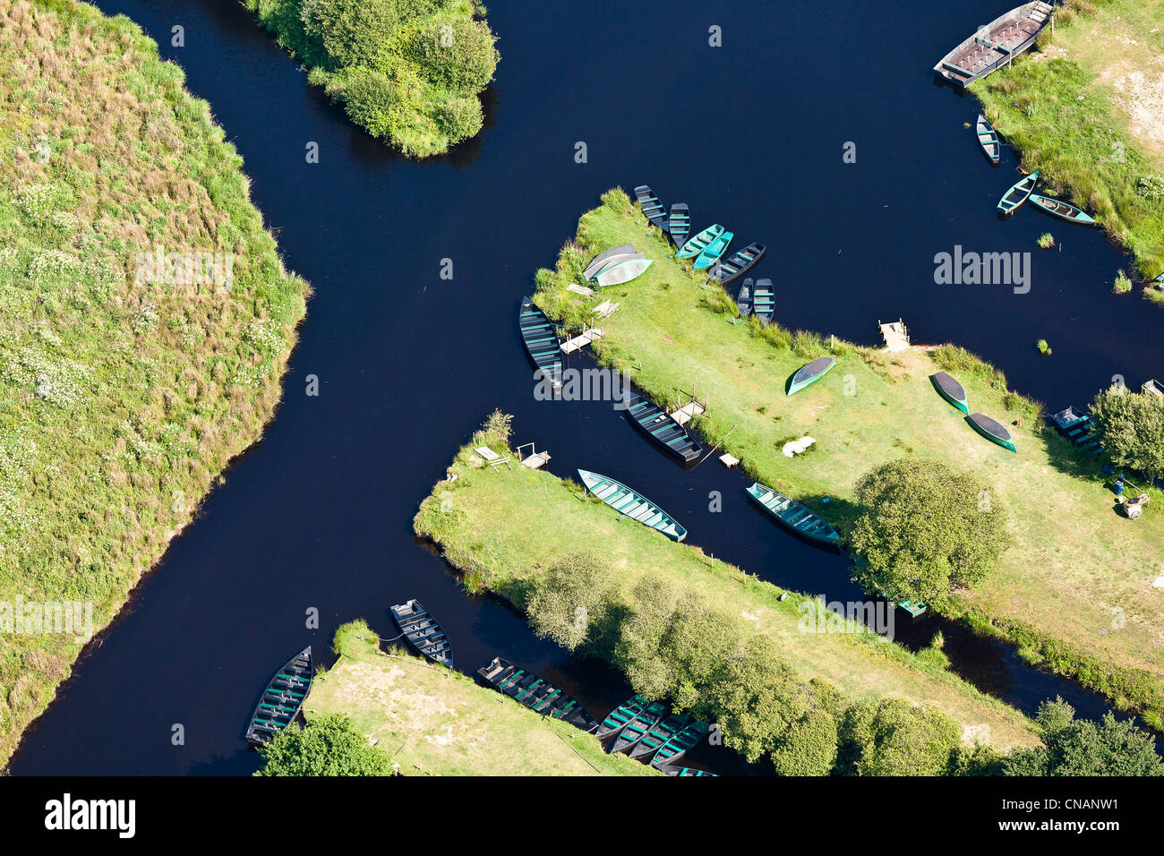 France, Loire-Atlantique, Saint-Lyphard, small boats to visit the Grande Brière marshes (aerial photography) Stock Photo