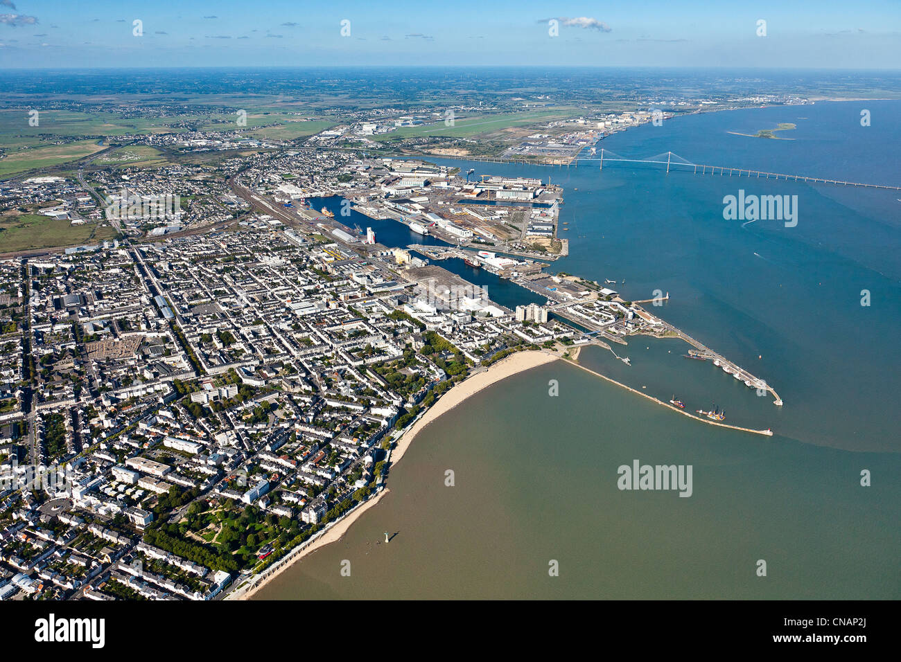 France, Loire-Atlantique, Saint-Nazaire, general vue and the Loire estuary (aerial photography) Stock Photo