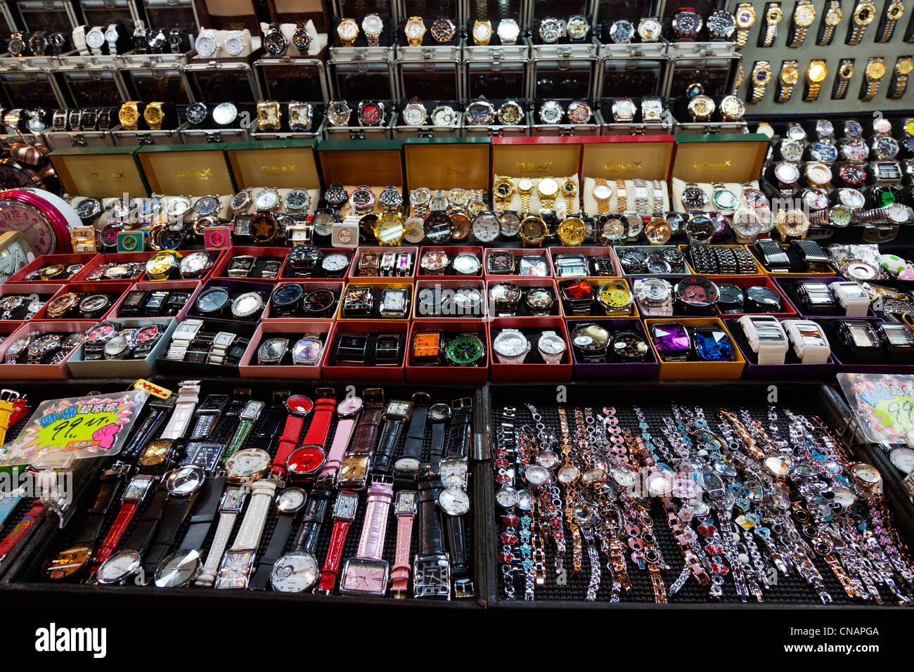 Wrist watches on sale on stall in Shilin Night Market Taipei Taiwan. JMH5985 Stock Photo
