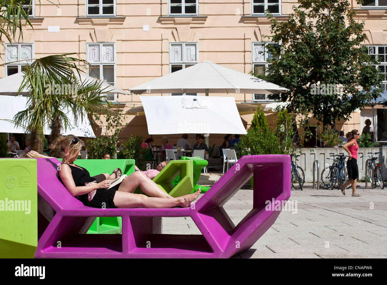 Austria, Vienna, MuseumsQuartier (MQ), located in the former stables of the Imperial Court, opened in 2001 as a space dedicated Stock Photo