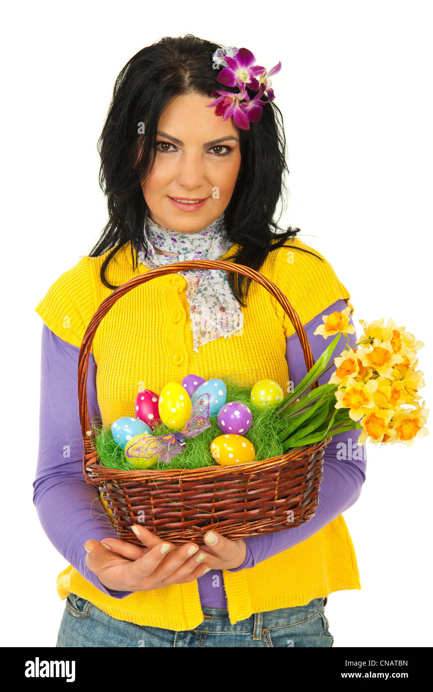 Beauty woman holding Easter basket isolated on white background Stock