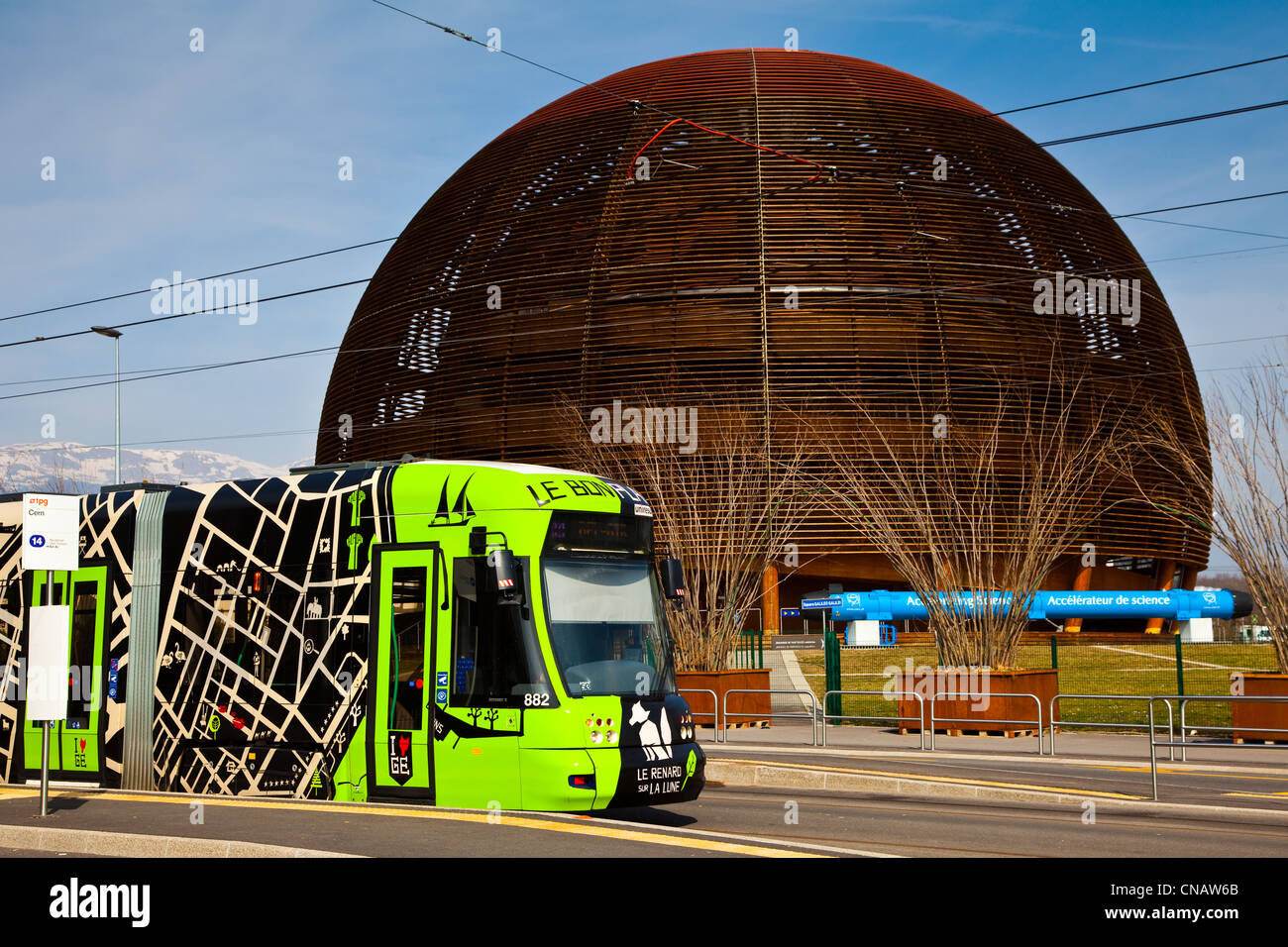 A commuter tram stopped at the CERN accelerator facility, Geneva, Switzerland Stock Photo