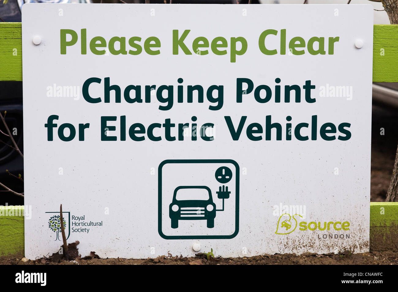 Charging point for Electric Vehicles sign at RHS Wisley. Stock Photo
