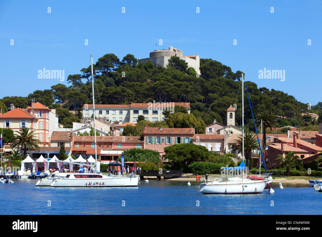 France, Var, Iles d'Hyeres, National Park of Port Cros, Porquerolles island, port, village and fort of St. Agatha in the Stock Photo