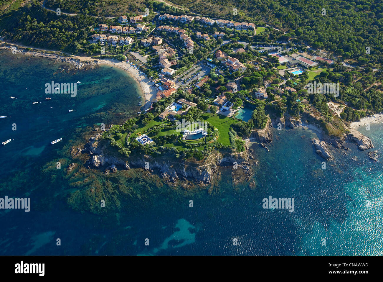 France, Var, Ramatuelle, Saint Tropez peninsula, Cap Camarat tip on good ground (aerial view) Stock Photo