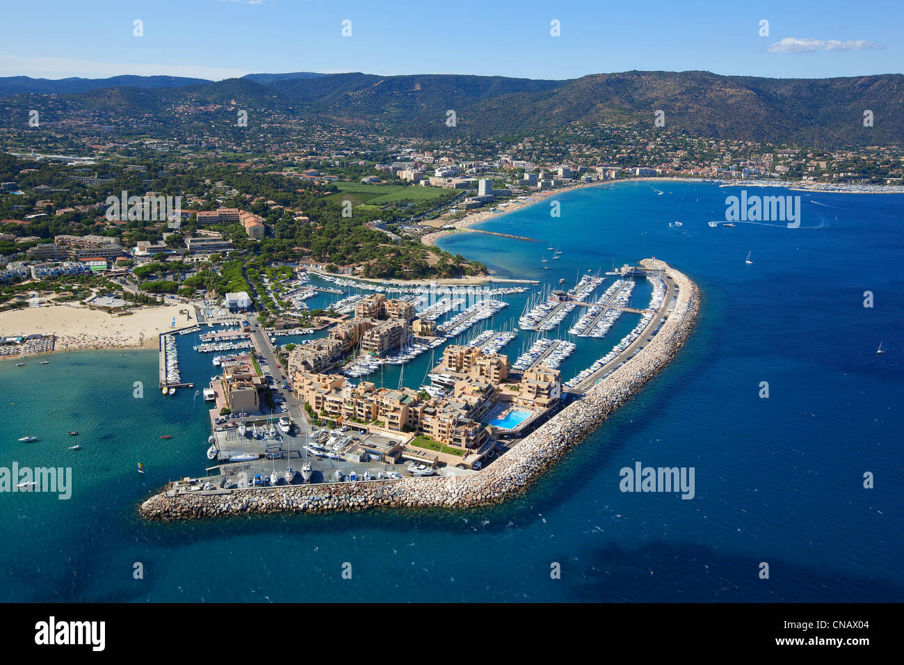 France, Var, Bormes les Mimosas, the district Faviere, port, Maures  mountains in the background (aerial view Stock Photo - Alamy