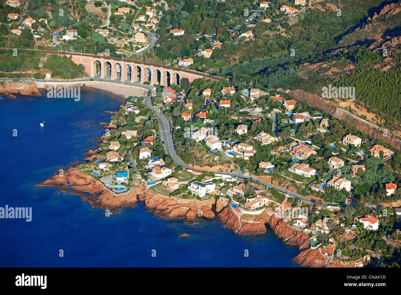 France, Var, Esterel, Saint Raphael, antheor, creek antheor (aerial view) Stock Photo