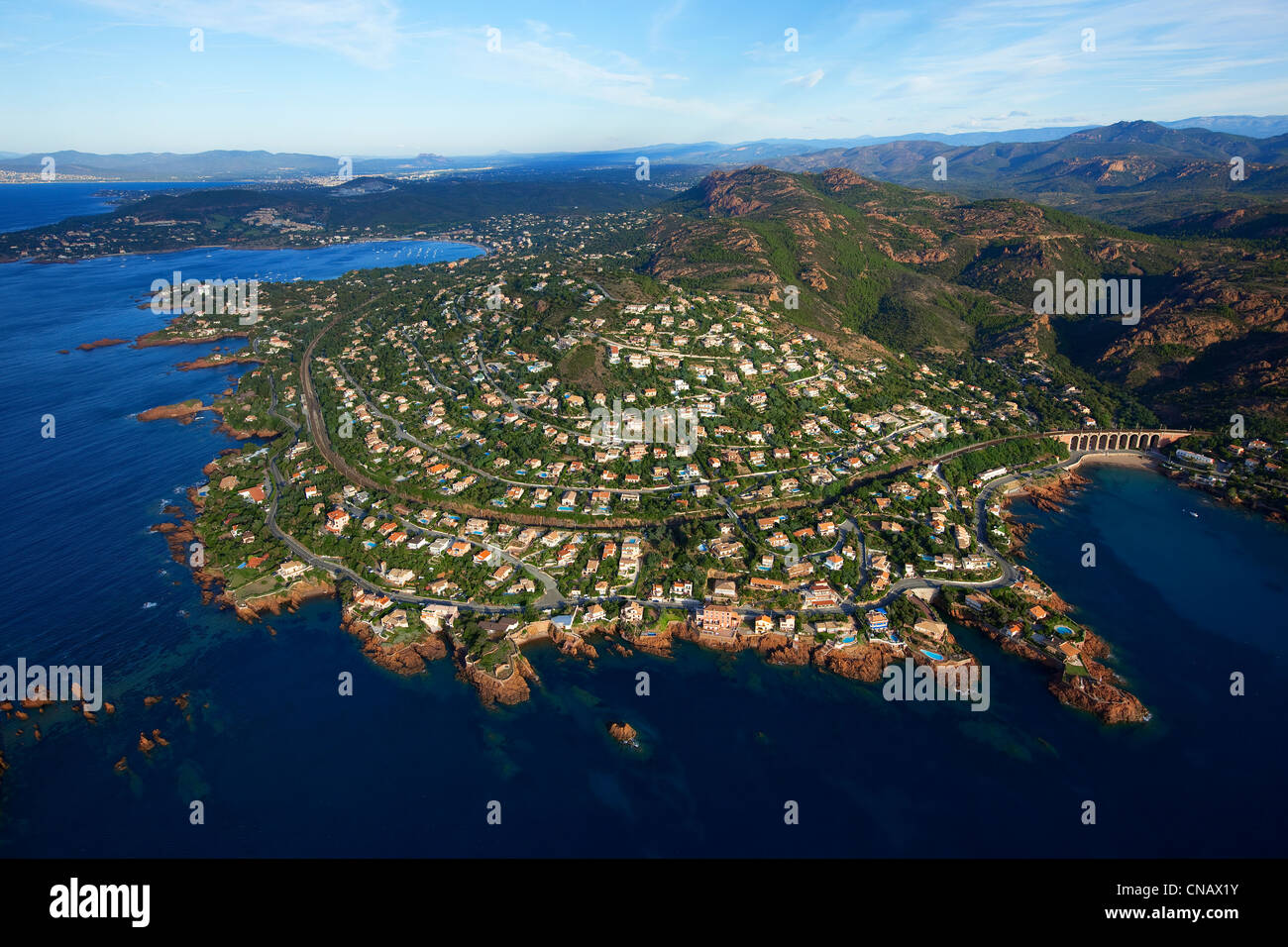 France, Var, Esterel, Saint Raphael, antheor, antheor inlet of the Rade d'Agay in the background (aerial view) Stock Photo